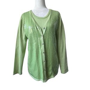 Quacker Factory Cardigan and Sleeveless Knit Tank Set Green Sequins SZ S